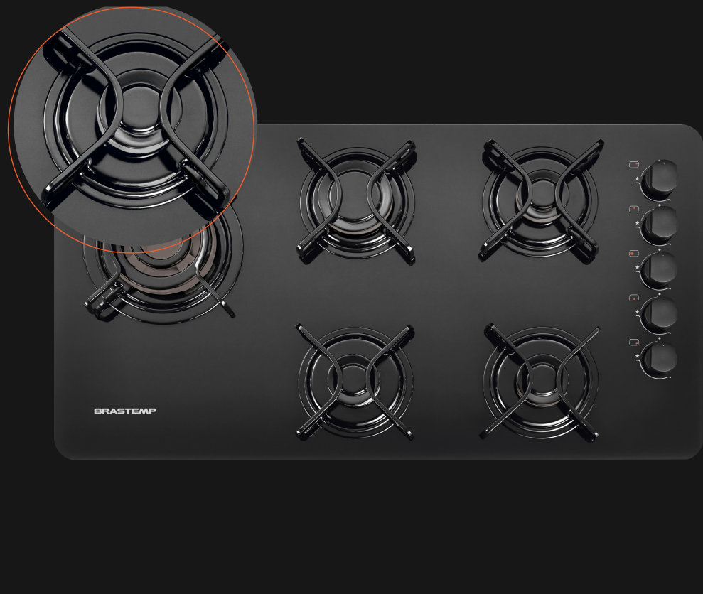 Cooktop 5 bocas com acendimento automático.