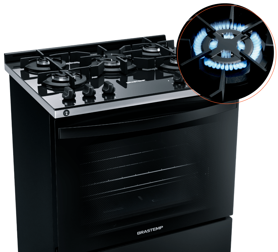 Fogão com 5 Bocas, preto com mesa de vidro e turbo chama.