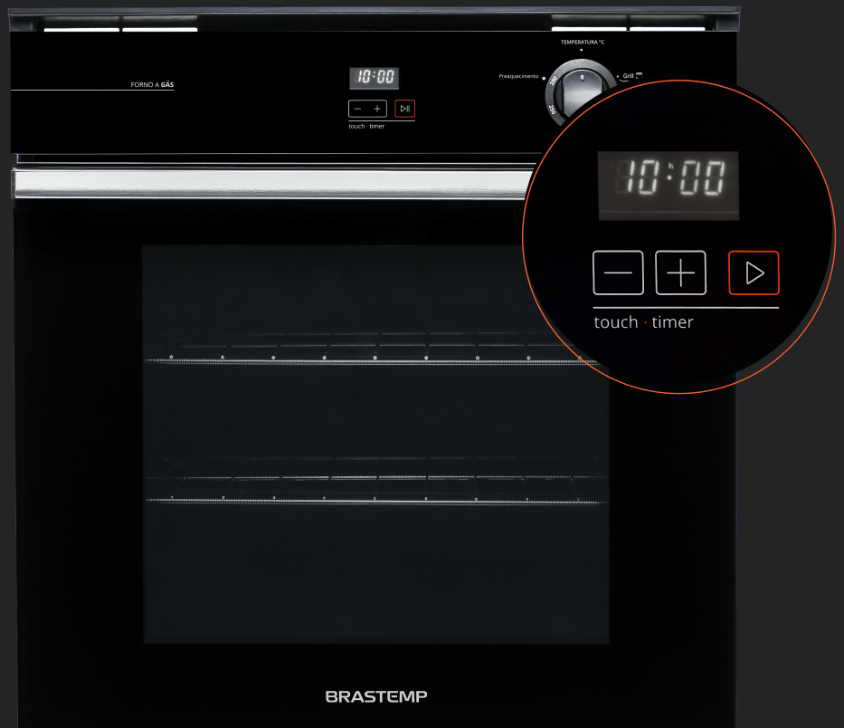 Forno de embutir a gás, preto com grill e timer touch.